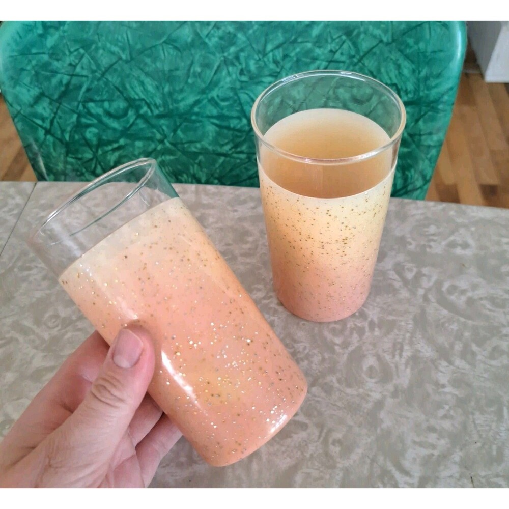 Vintage 1950's Set Of 2 Glass Ombre Glitter 2pc Peach Yellow Drinkware 60's
